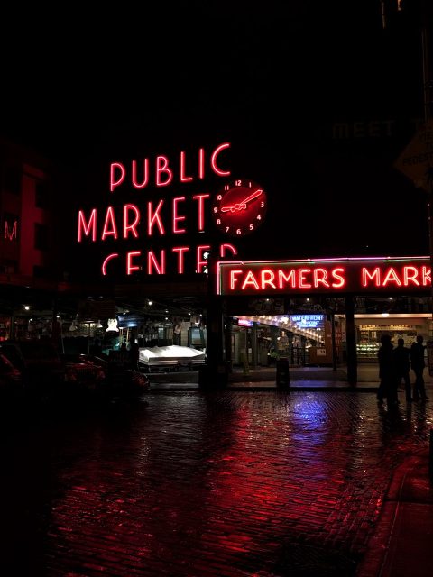 Weekend in Seattle Pike Place Public Market Center Sign After Dark